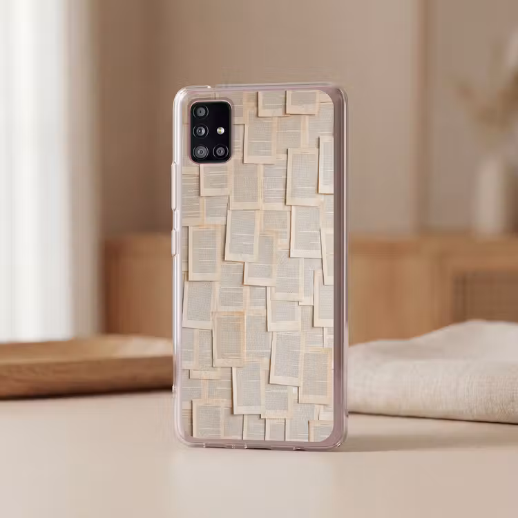 Boekpagina - Collage - Literatuur - Vintage - Beige Telefoonhoesje Samsung Galaxy A51 5G klein -sfeer2