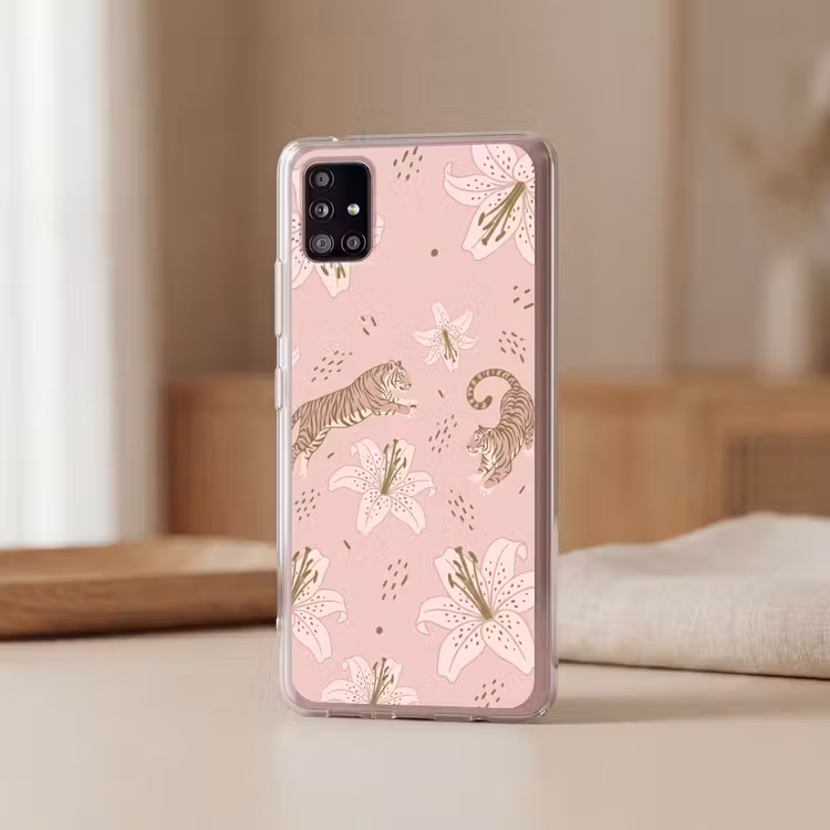 Kat - Springend - Bloemen - Abstract - Roze Telefoonhoesje Samsung Galaxy A51 5G klein -sfeer2