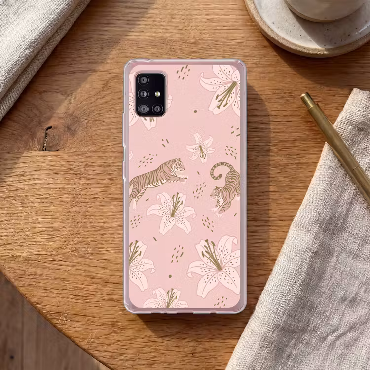 Kat - Springend - Bloemen - Abstract - Roze Telefoonhoesje Samsung Galaxy A51 5G klein -sfeer1