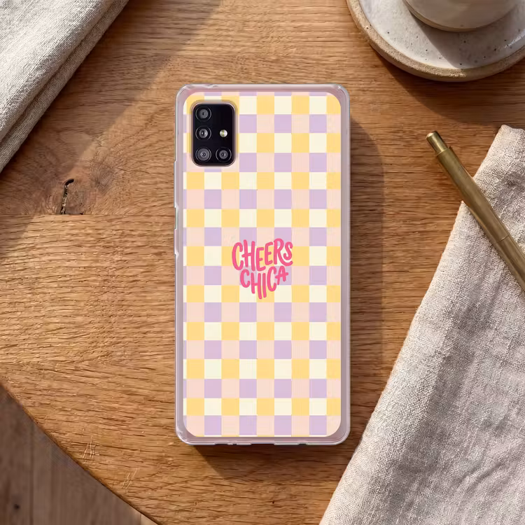 Cheers Chica - Ruitjes - Lila - Geel Telefoonhoesje Samsung Galaxy A51 5G klein -sfeer1