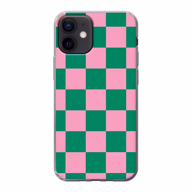 Schaakbord patroon - Groen - Roze - Blokjes Telefoonhoesje iPhone 12 Mini klein -3d