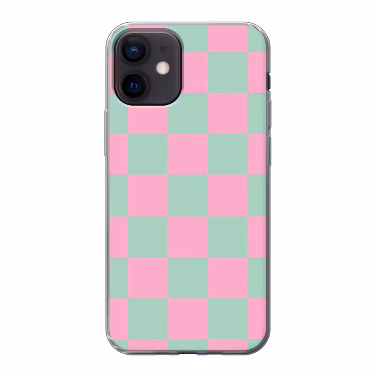 Schaakbord patroon - Groen - Roze - Blokjes Telefoonhoesje iPhone 12 Mini klein -3d