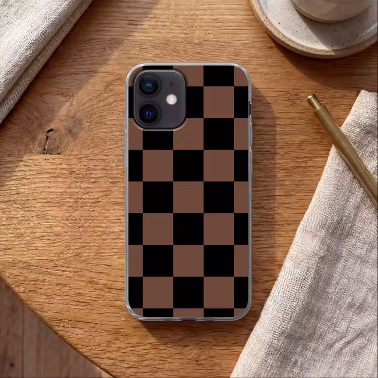 Schaakbord print - Bruin - Zwart - Blokjes Telefoonhoesje iPhone 12 Mini klein -sfeer1