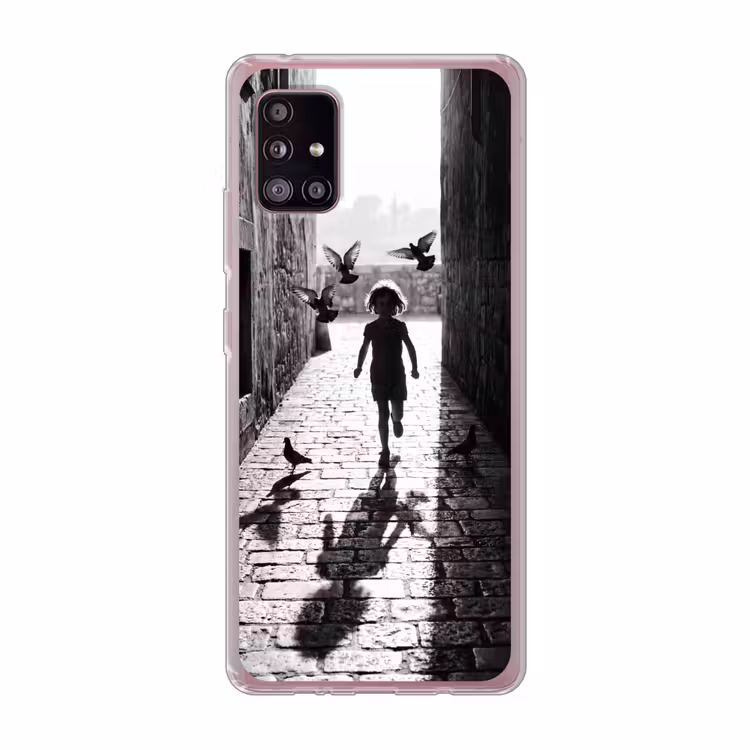 Kind - Vogel - Straat - Zwart-wit - Spelen Telefoonhoesje Samsung Galaxy A51 5G klein -3d