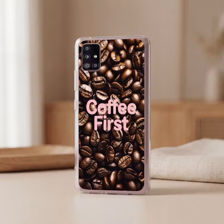 Coffee First - Koffiebonen - Roze Telefoonhoesje Samsung Galaxy A51 5G klein -sfeer2