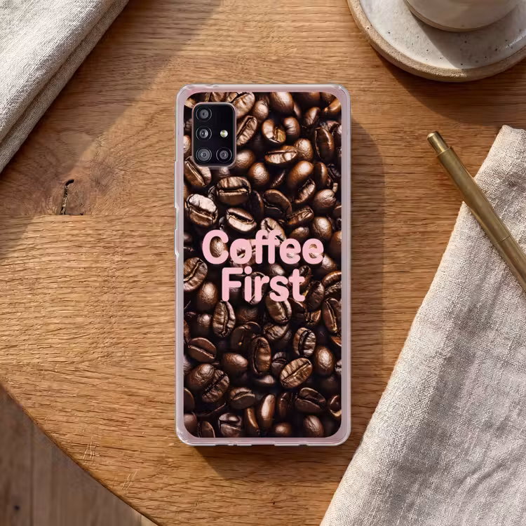 Coffee First - Koffiebonen - Roze Telefoonhoesje Samsung Galaxy A51 5G klein -sfeer1