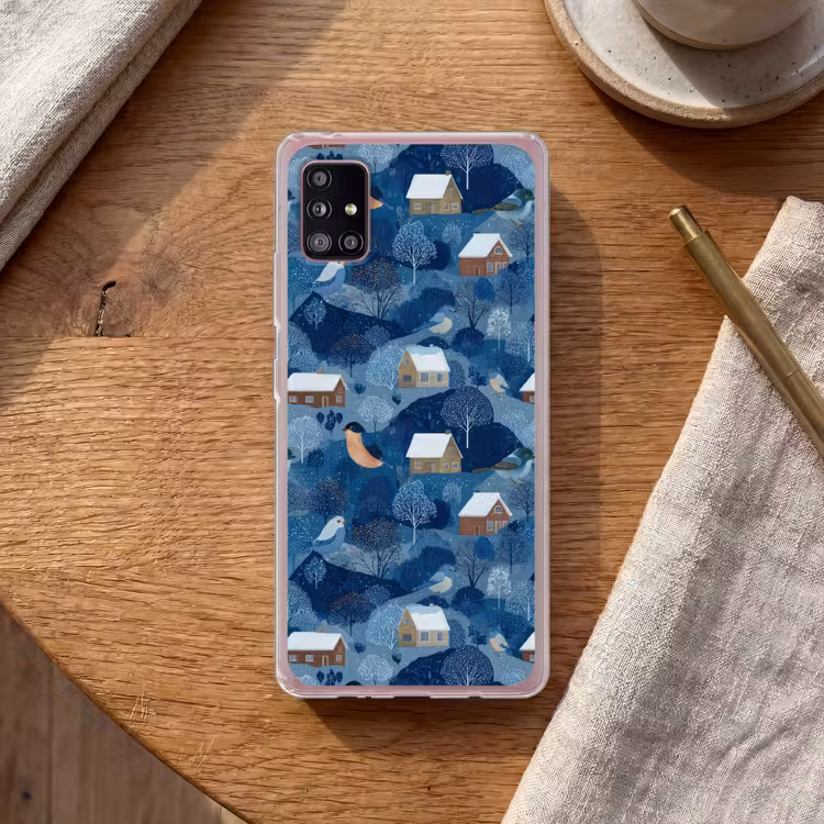 Huisjes - Vogels - Sneeuw - Winter - Blauw Telefoonhoesje Samsung Galaxy A51 5G klein 373 -sfeer1
