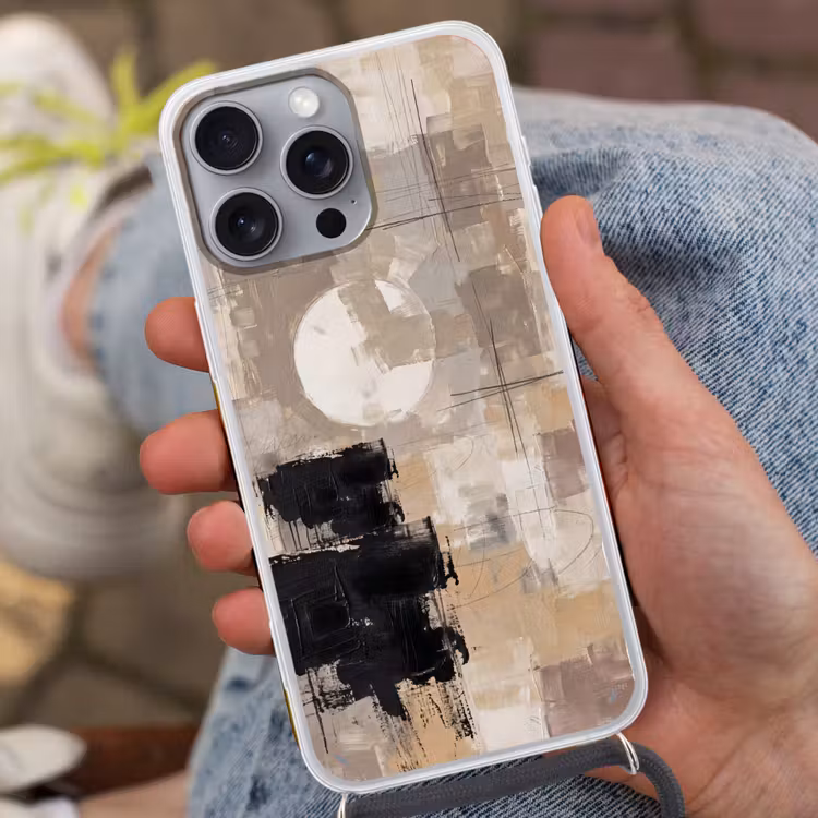 Abstract - Cirkel - Modern - Beige - Zwart - Minimalistisch Hoesje iPhone 16 Pro Max met koord klein -sfeer3