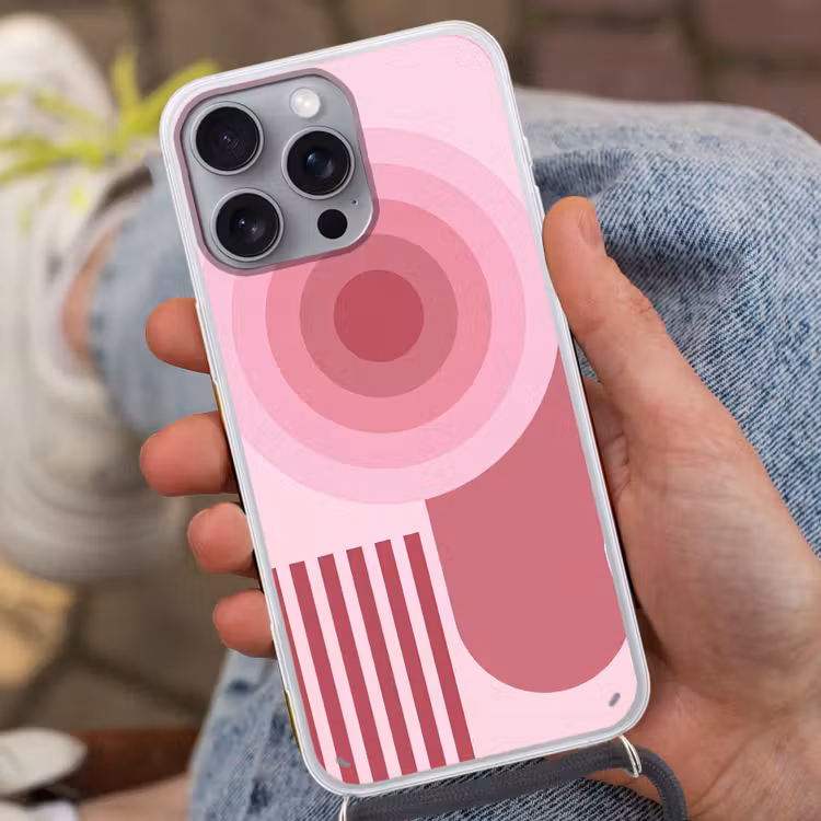 Abstract - Cirkels - Strepen - Modern - Roze Hoesje iPhone 16 Pro Max met koord klein -sfeer3