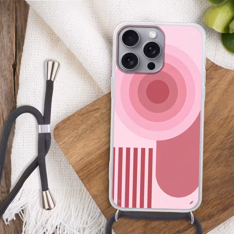 Abstract - Cirkels - Strepen - Modern - Roze Hoesje iPhone 16 Pro Max met koord klein -sfeer4