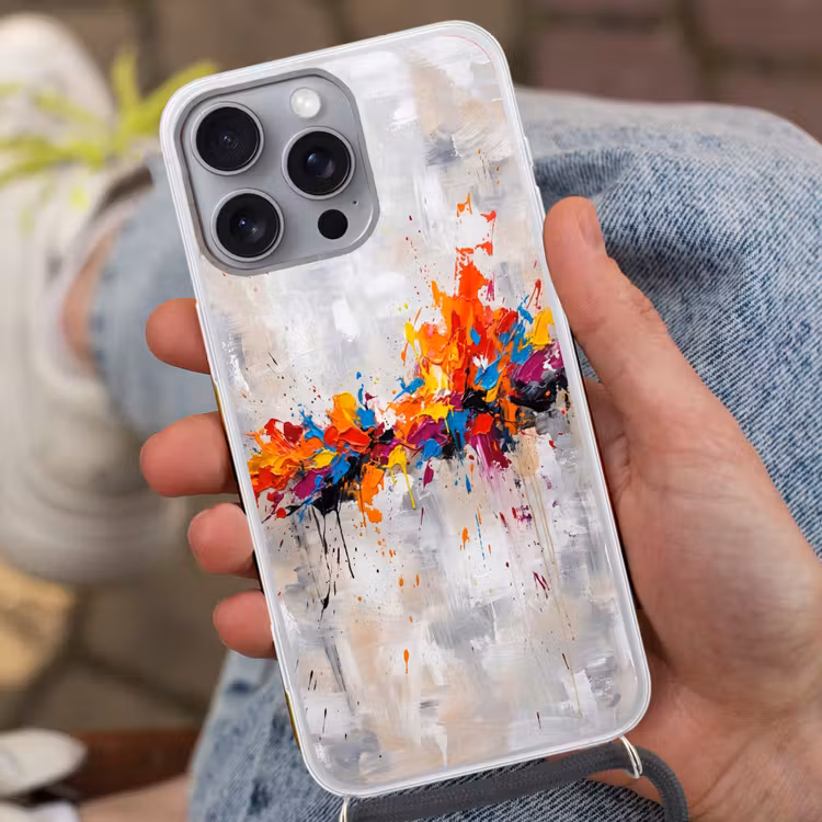Abstract - Schilderij - Kleurrijk - Dynamisch Hoesje iPhone 16 Pro Max met koord klein -sfeer3