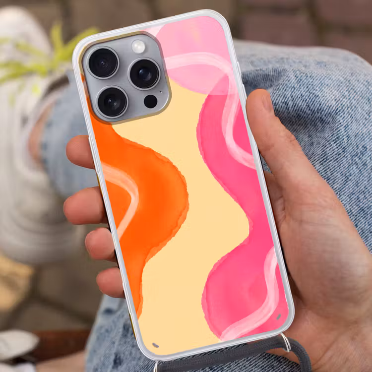 Abstract - Aquarel - Organisch - Oranje - Roze Hoesje iPhone 16 Pro Max met koord klein -sfeer3