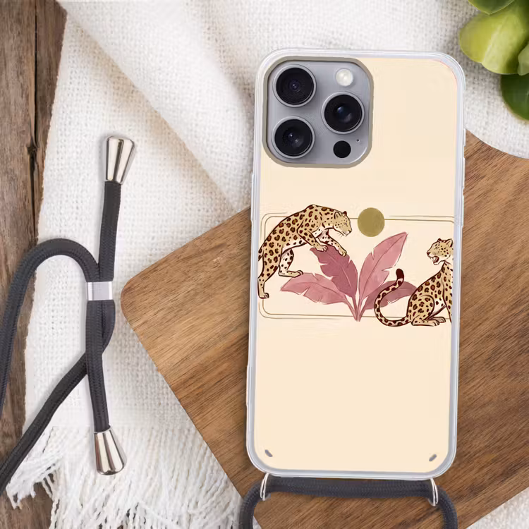 Dieren - Kat - Jungle - Illustratie - Beige Hoesje iPhone 16 Pro Max met koord klein -sfeer4
