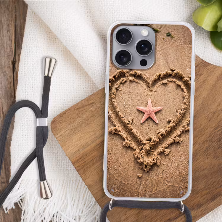 Dieren - Hart - Strand - Zand - Roze Hoesje iPhone 16 Pro Max met koord klein -sfeer4
