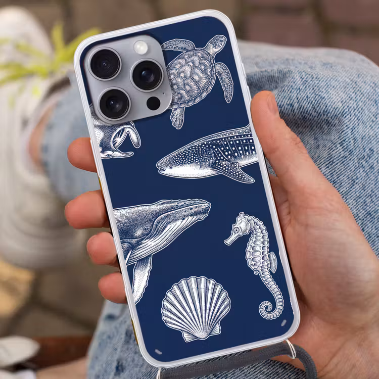 Dieren - Zeeleven - Oceaan - Graveren - Blauw Hoesje iPhone 16 Pro Max met koord klein -sfeer3