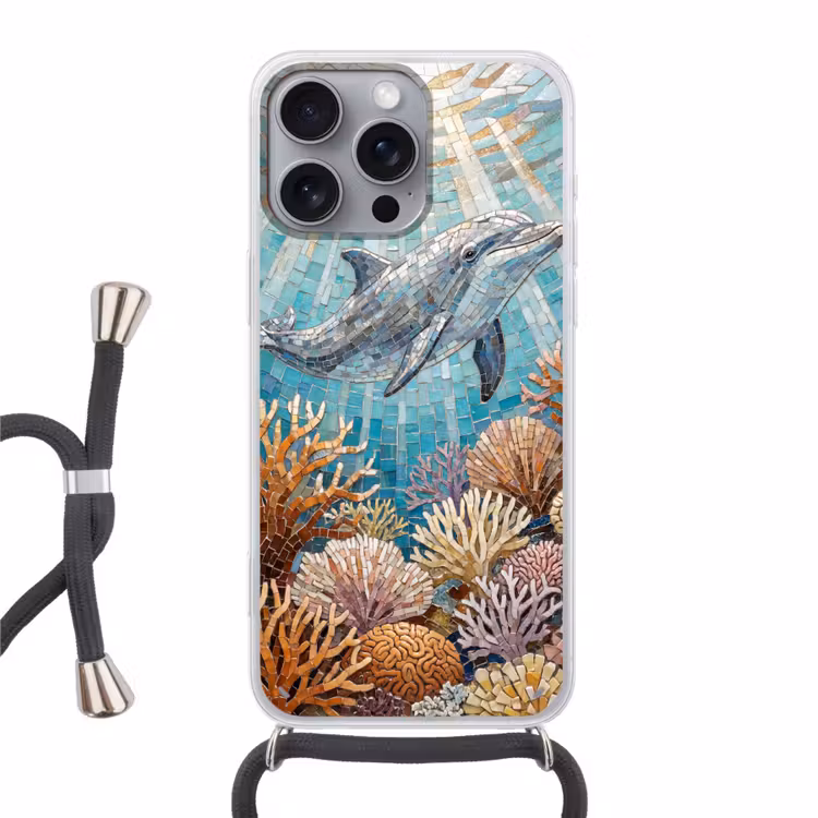 Dieren - Mozaïek - Oceaan - Koraal - Blauw Hoesje iPhone 16 Pro Max met koord klein -3d