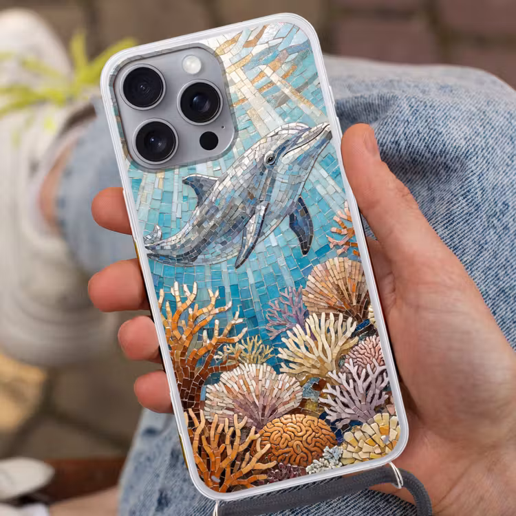 Dieren - Mozaïek - Oceaan - Koraal - Blauw Hoesje iPhone 16 Pro Max met koord klein -sfeer3