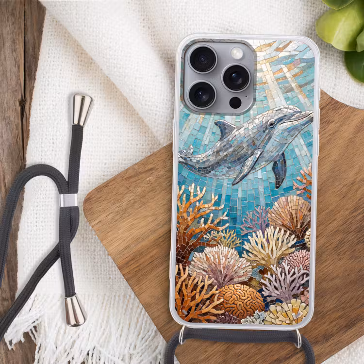 Dieren - Mozaïek - Oceaan - Koraal - Blauw Hoesje iPhone 16 Pro Max met koord klein -sfeer4