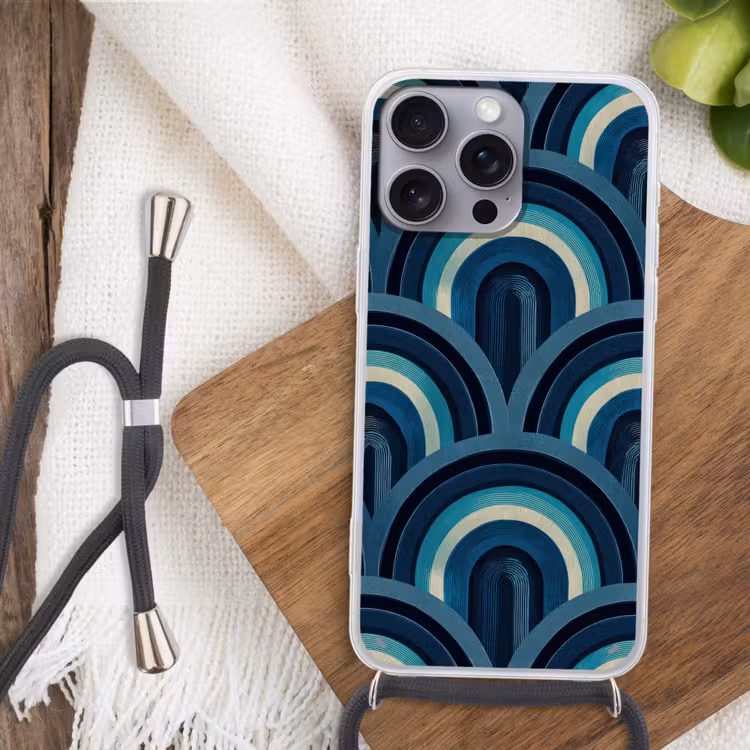Bogen - Geometrisch - Patroon - Blauw - Retro Hoesje iPhone 16 Pro Max met koord klein 804 -sfeer4