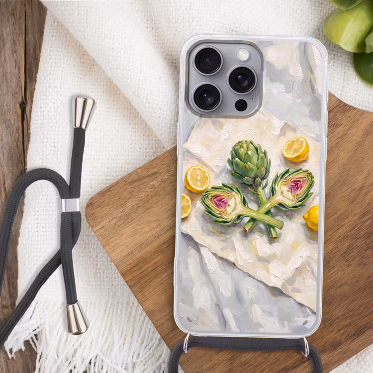 Phone case crossbody - Artichoke - Lemon - Food - Artisjok - Citroen - Eten Hoesje iPhone 16 Pro Max met koord klein