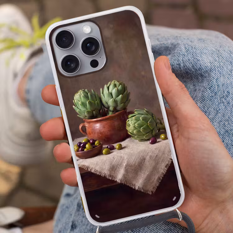 Phone case crossbody - Artichokes - Olives - Food - Artisjokken - Olijven - Eten Hoesje iPhone 16 Pro Max met koord klein