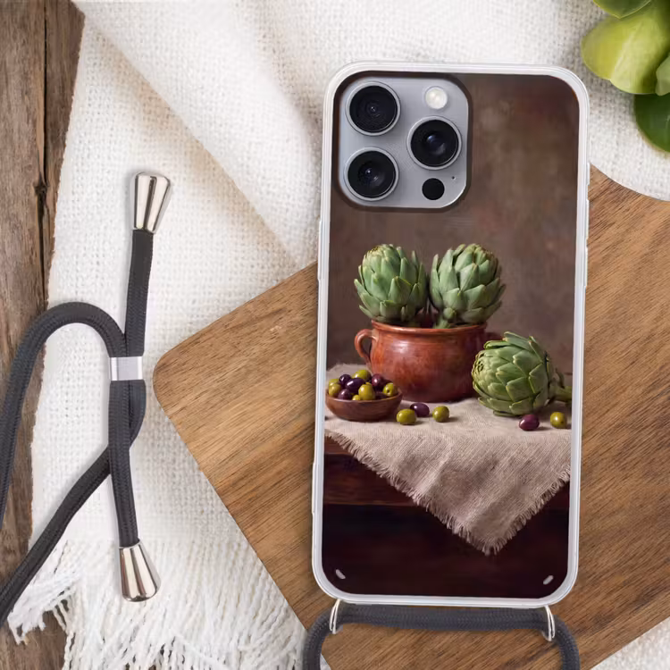 Phone case crossbody - Artichokes - Olives - Food - Artisjokken - Olijven - Eten Hoesje iPhone 16 Pro Max met koord klein