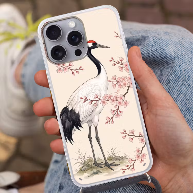 Aziatisch - Kraanvogel - Beige Hoesje iPhone 16 Pro Max met koord klein -sfeer3