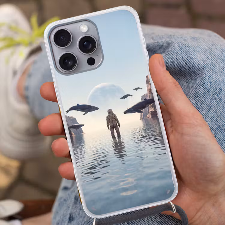 Phone case crossbody - Astronaut - Whale - Fantasy - Ruimtevaarder - Walvis - Fantasie Hoesje iPhone 16 Pro Max met koord klein