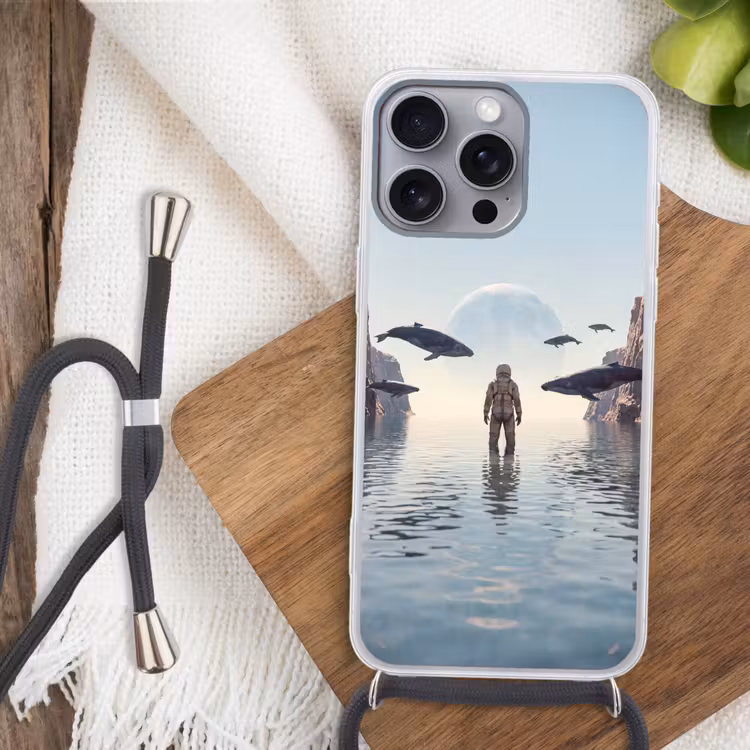 Phone case crossbody - Astronaut - Whale - Fantasy - Ruimtevaarder - Walvis - Fantasie Hoesje iPhone 16 Pro Max met koord klein