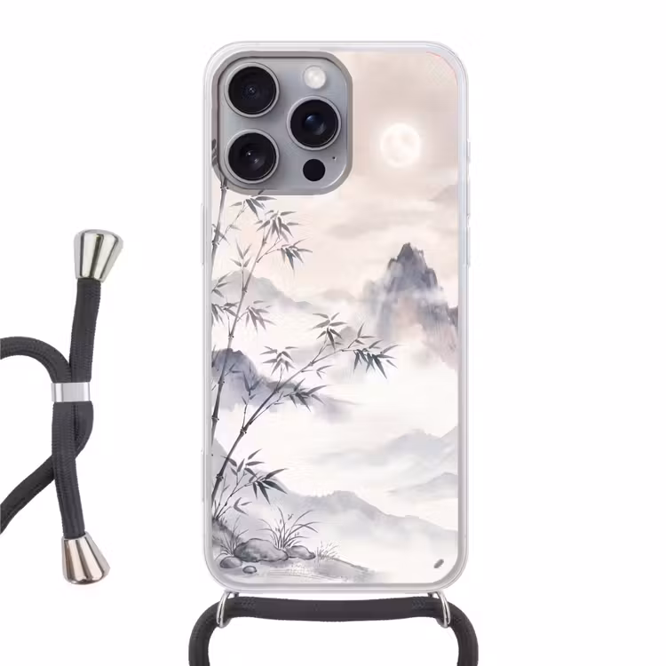 Bamboe - Azië - Grijs Hoesje iPhone 16 Pro Max met koord klein -3d