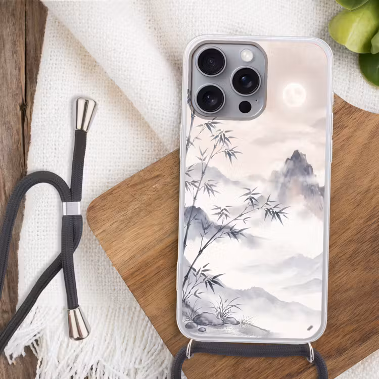 Bamboe - Azië - Grijs Hoesje iPhone 16 Pro Max met koord klein -sfeer4