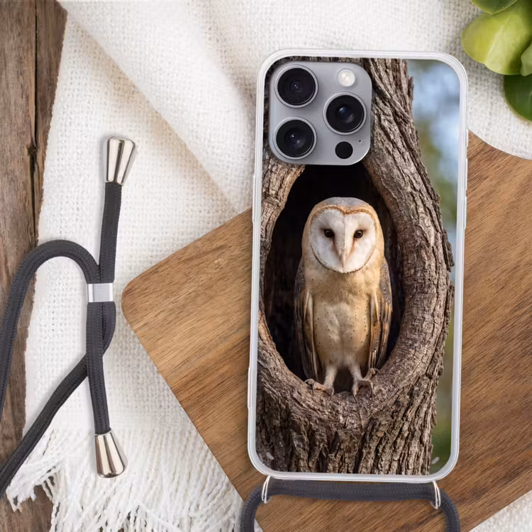 Kerkuil - Boom - Natuur - Bruin Hoesje iPhone 16 Pro Max met koord klein -sfeer4