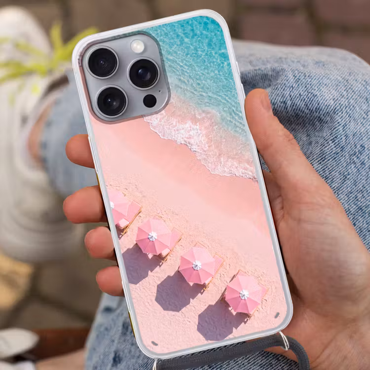 Strand - Roze zand - Zee - Zomer - Natuur Hoesje iPhone 16 Pro Max met koord klein -sfeer3