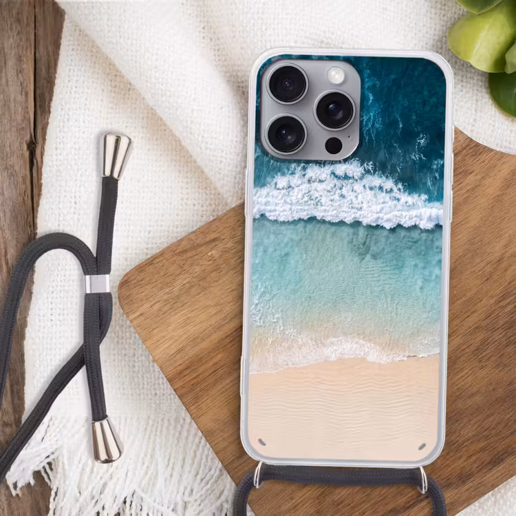 Strand - Zee - Golven - Natuur - Blauw Hoesje iPhone 16 Pro Max met koord klein -sfeer4