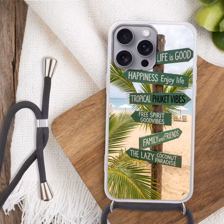 Strand - Wegwijzer - Palmen - Tropisch - Groen Hoesje iPhone 16 Pro Max met koord klein -sfeer4