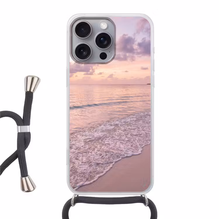 Strand - Zonsondergang - Natuur - Minimalistisch - Roze Hoesje iPhone 16 Pro Max met koord klein -3d