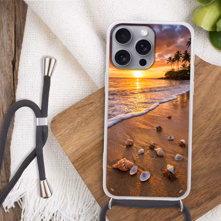 Strand - Zonsondergang - Palmbomen - Natuur - Oranje Hoesje iPhone 16 Pro Max met koord klein -sfeer4
