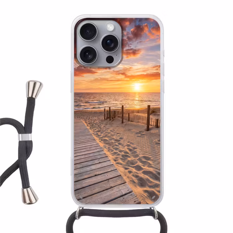 Strand - Zonsondergang - Zee - Natuur - Oranje Hoesje iPhone 16 Pro Max met koord klein -3d