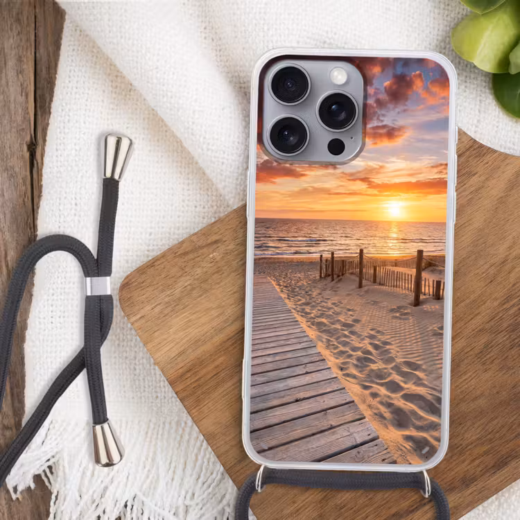 Strand - Zonsondergang - Zee - Natuur - Oranje Hoesje iPhone 16 Pro Max met koord klein -sfeer4