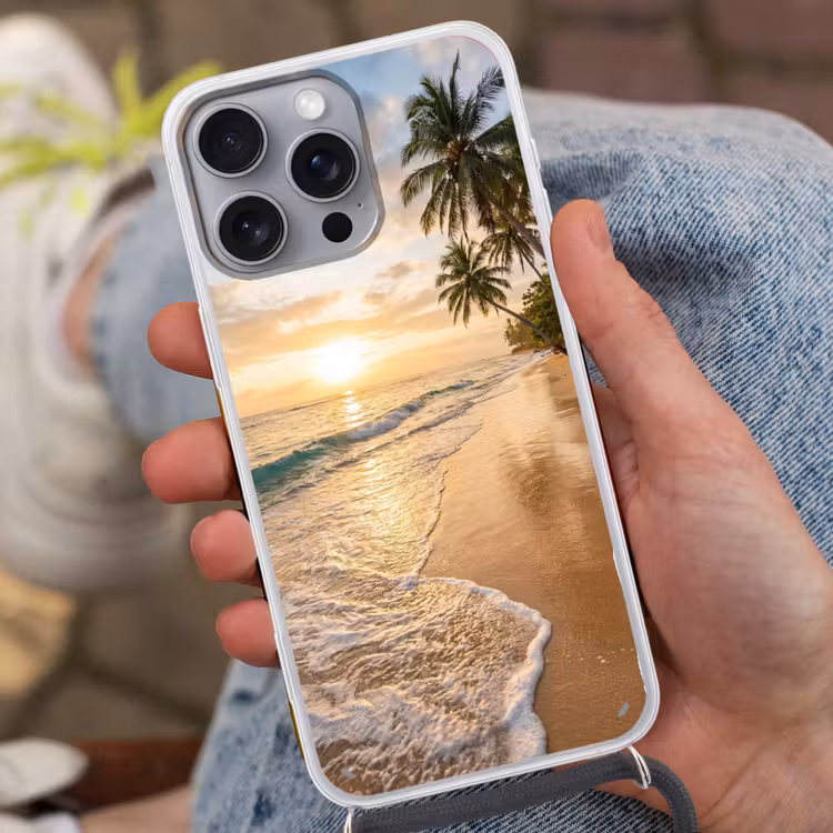Strand - Zonsondergang - Tropisch - Natuur - Goud Hoesje iPhone 16 Pro Max met koord klein -sfeer3
