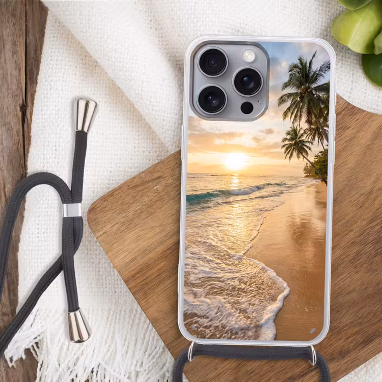 Strand - Zonsondergang - Tropisch - Natuur - Goud Hoesje iPhone 16 Pro Max met koord klein -sfeer4