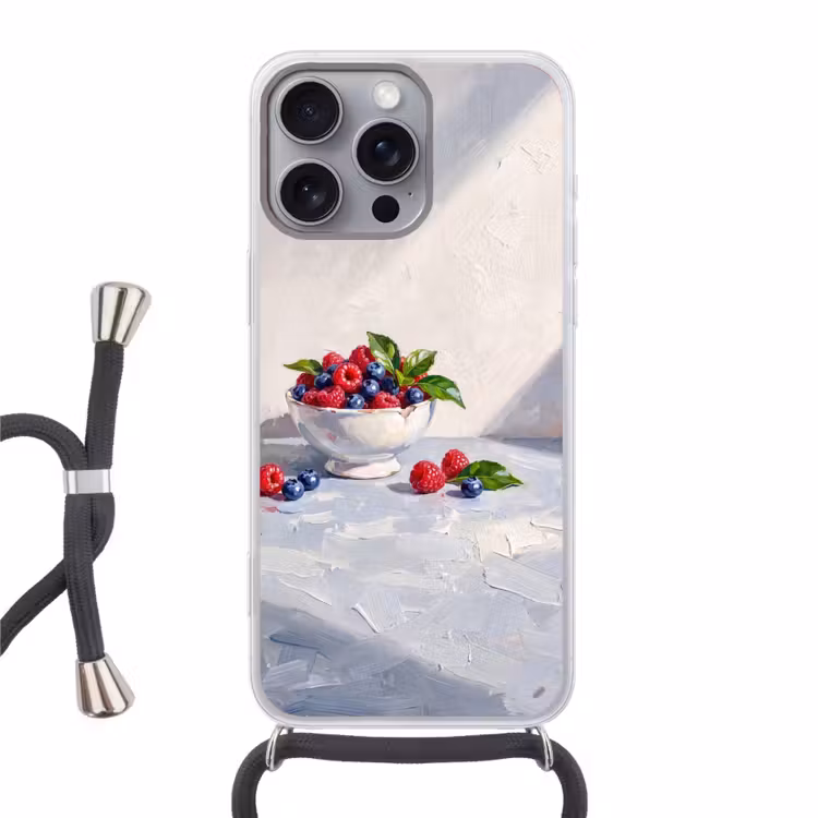 Phone case crossbody - Berries - Bowl - Food - Bessen - Kom - Eten Hoesje iPhone 16 Pro Max met koord klein