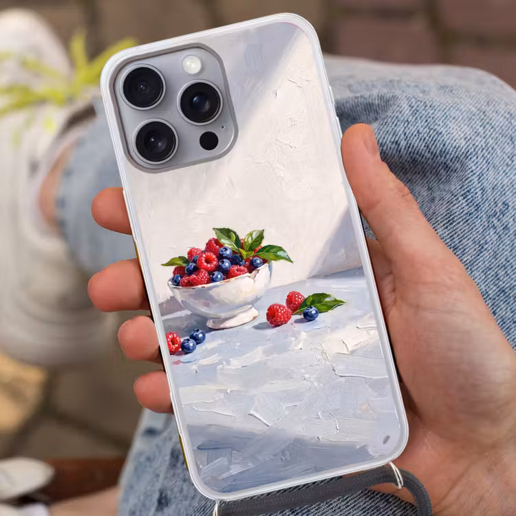Phone case crossbody - Berries - Bowl - Food - Bessen - Kom - Eten Hoesje iPhone 16 Pro Max met koord klein