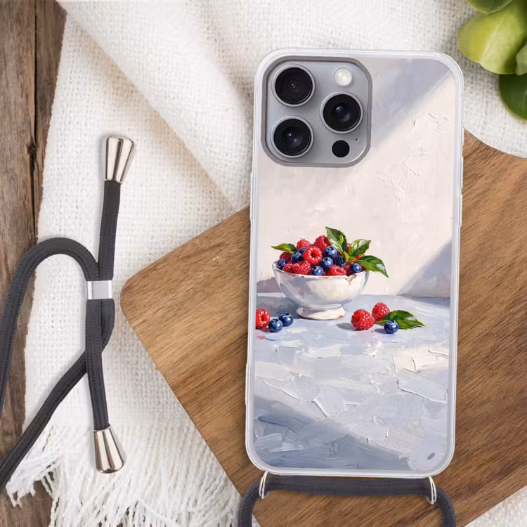 Phone case crossbody - Berries - Bowl - Food - Bessen - Kom - Eten Hoesje iPhone 16 Pro Max met koord klein
