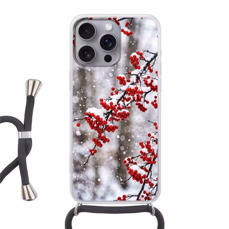 Bessen - Takken - Sneeuw - Winter - Kleurrijk Hoesje iPhone 16 Pro Max met koord klein -3d