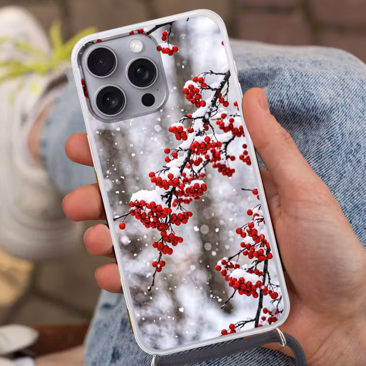 Bessen - Takken - Sneeuw - Winter - Kleurrijk Hoesje iPhone 16 Pro Max met koord klein -sfeer3