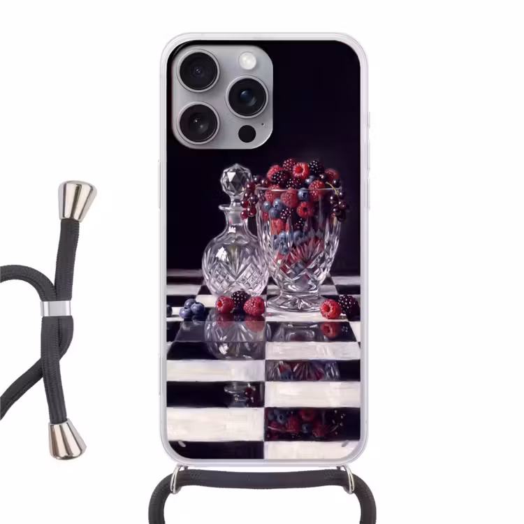 Phone case crossbody - Berries - Crystal - Still Life - Bessen - Kristal - Stilleven Hoesje iPhone 16 Pro Max met koord klein
