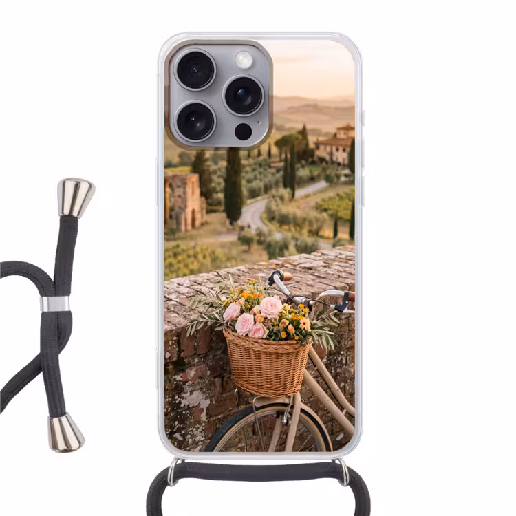 Fiets - Bloemen - Toscane - Landschap - Roze Hoesje iPhone 16 Pro Max met koord klein -3d