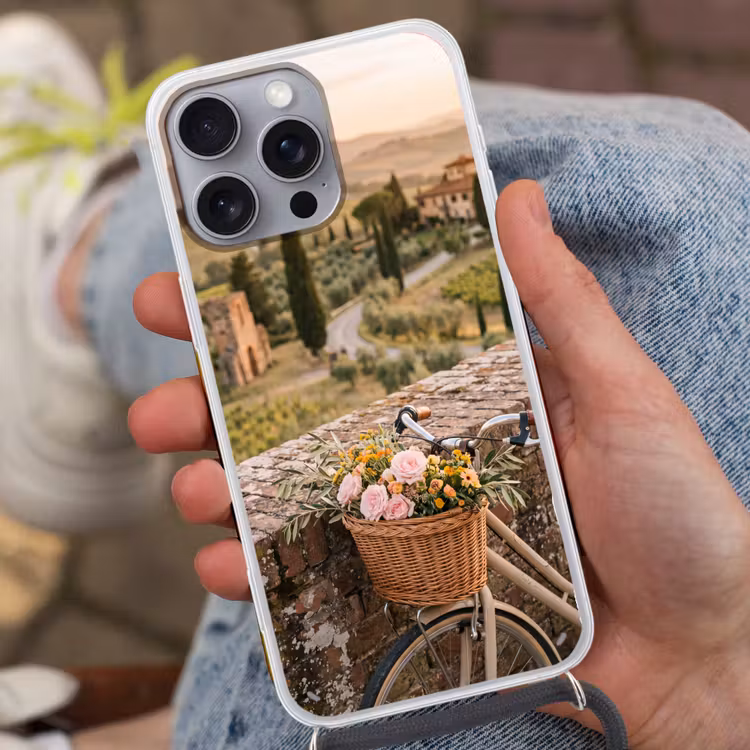 Fiets - Bloemen - Toscane - Landschap - Roze Hoesje iPhone 16 Pro Max met koord klein -sfeer3