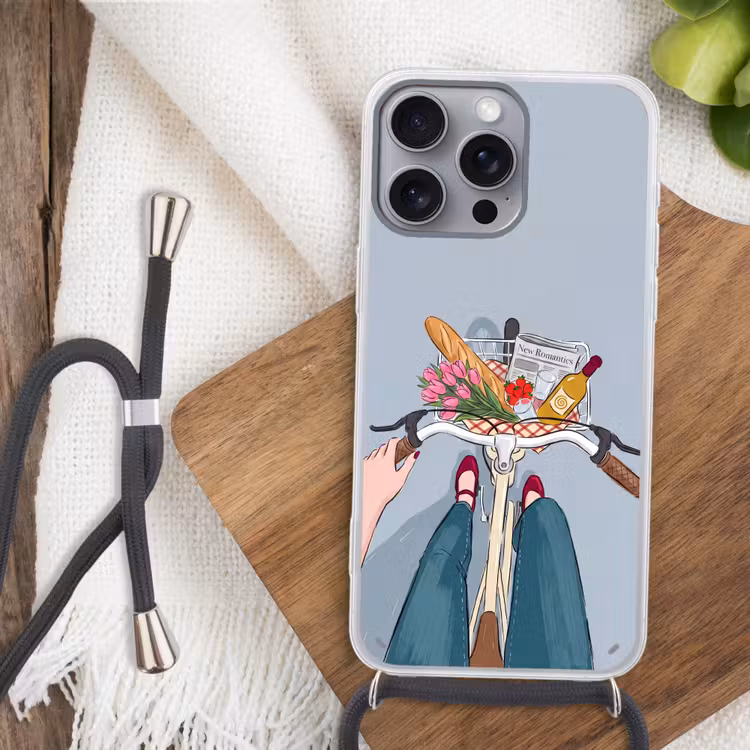 Fiets - Picknick - Zomer - Illustratie Hoesje iPhone 16 Pro Max met koord klein -sfeer4
